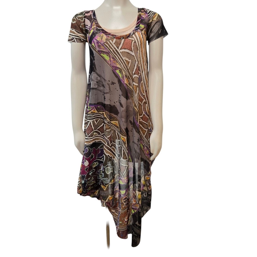Fuzzi Italy Womens Medium Dress Mesh Abstract Print Asymmetric Midi Fairy Artsy